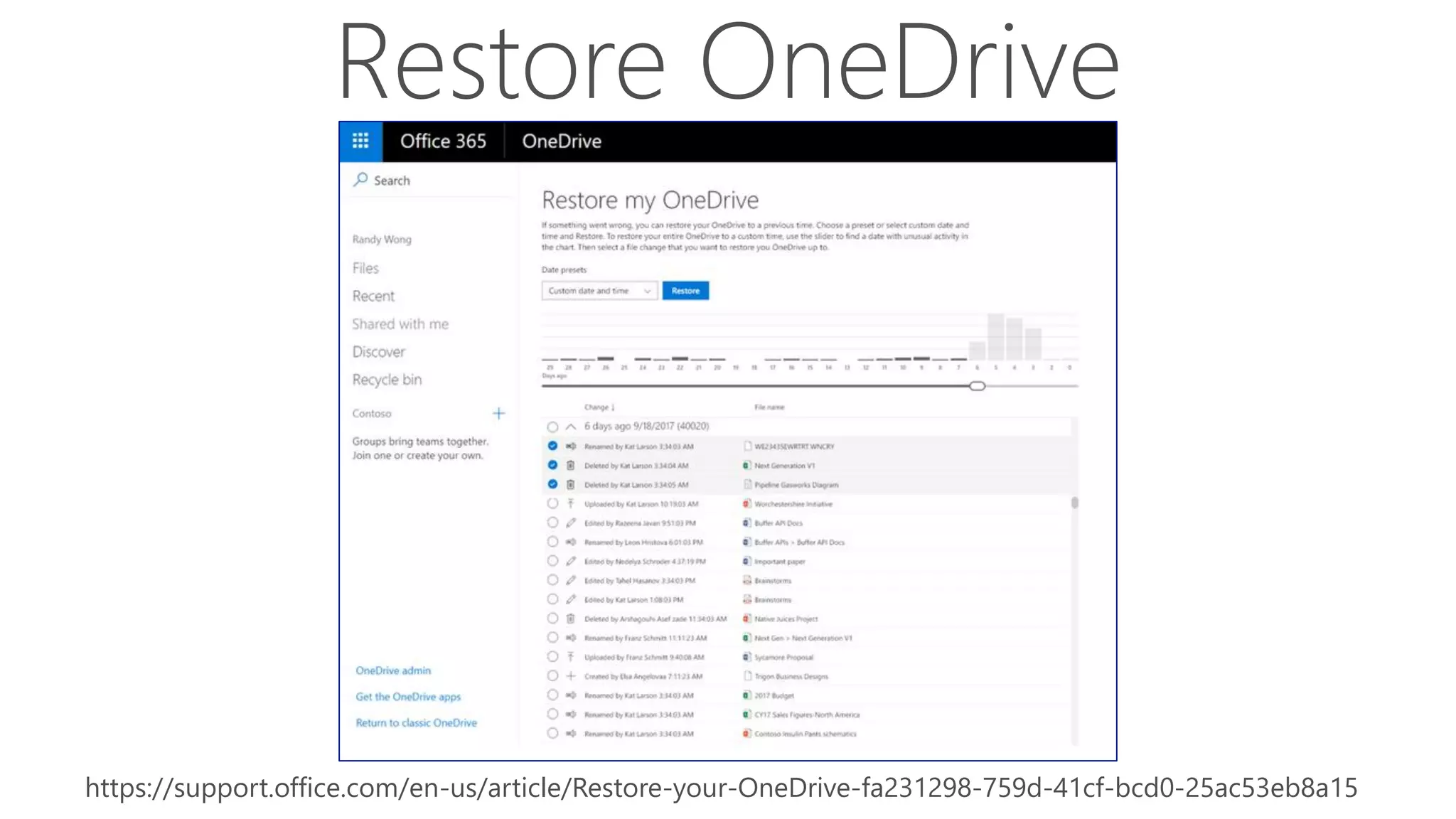Restore OneDrive
https://support.office.com/en-us/article/Restore-your-OneDrive-fa231298-759d-41cf-bcd0-25ac53eb8a15
 