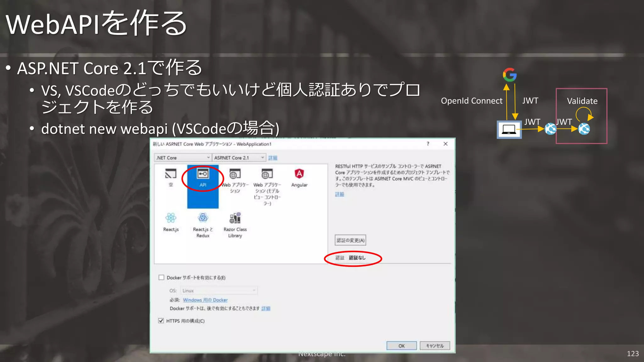 WebAPIを作る
JWTJWT
ValidateOpenId Connect JWT
• ASP.NET Core 2.1で作る
• VS, VSCodeのどっちでもいいけど個人認証ありでプロ
ジェクトを作る
• dotnet new webapi (VSCodeの場合)
Nextscape Inc. 123
 