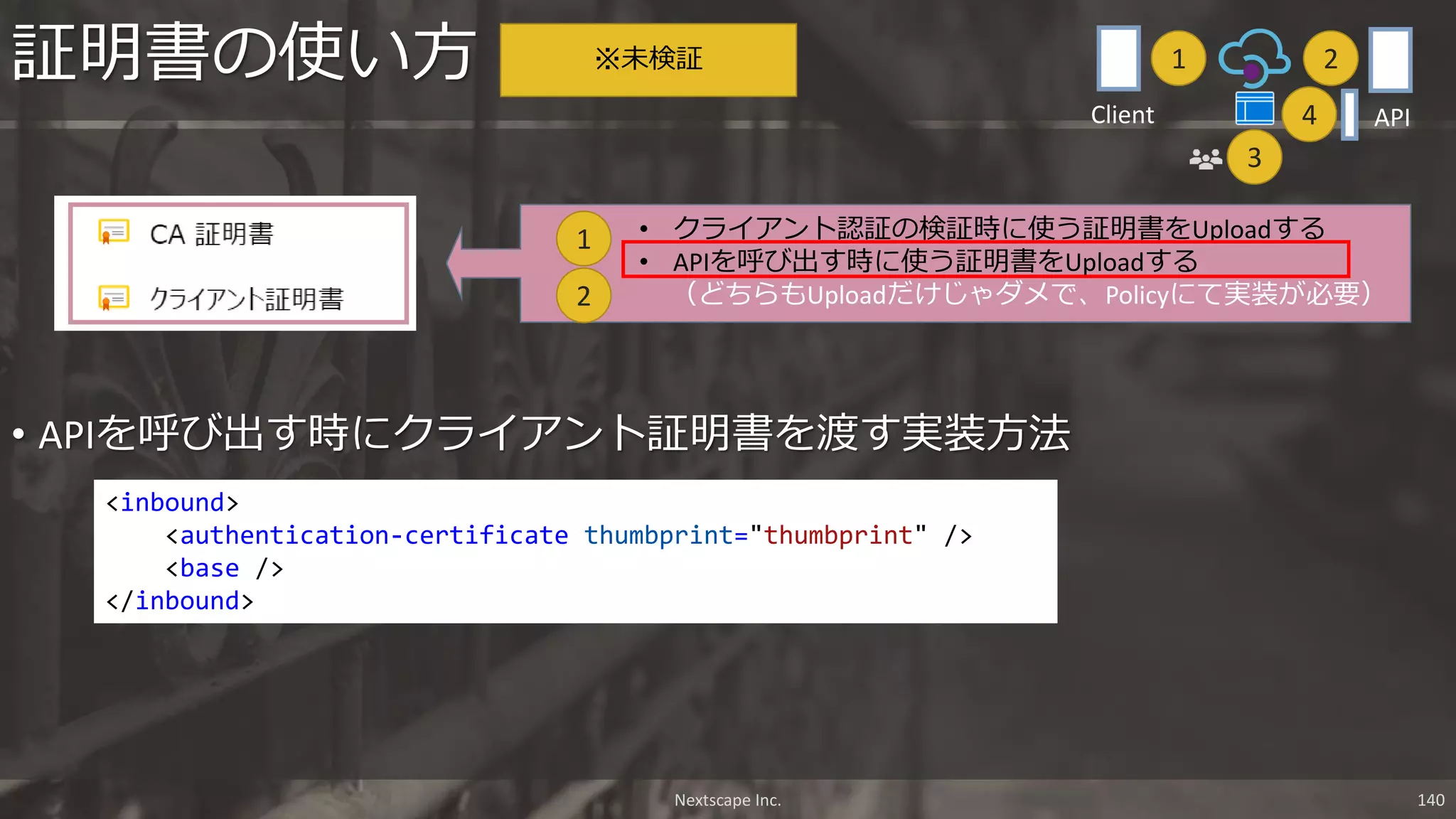 • APIを呼び出す時にクライアント証明書を渡す実装方法
証明書の使い方
• クライアント認証の検証時に使う証明書をUploadする
• APIを呼び出す時に使う証明書をUploadする
（どちらもUploadだけじゃダメで、Policyにて実装が必要）2
1
<inbound>
<authentication-certificate thumbprint="thumbprint" />
<base />
</inbound>
※未検証
Nextscape Inc. 140
1 2
3
APIClient 4
 