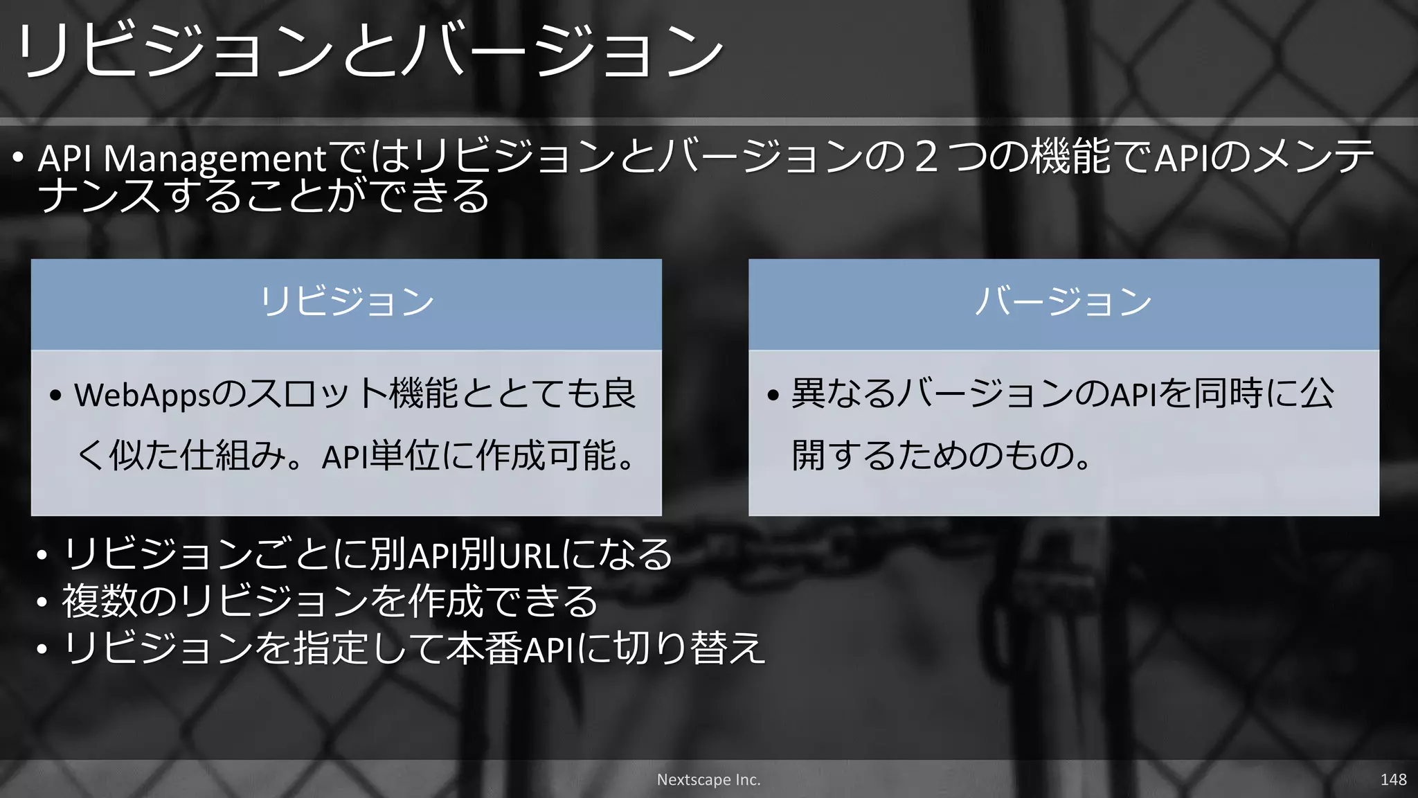 • API Managementではリビジョンとバージョンの２つの機能でAPIのメンテ
ナンスすることができる
リビジョンとバージョン
Nextscape Inc. 148
リビジョン
• WebAppsのスロット機能ととても良
く似た仕組み。API単位に作成可能。
バージョン
• 異なるバージョンのAPIを同時に公
開するためのもの。
• リビジョンごとに別API別URLになる
• 複数のリビジョンを作成できる
• リビジョンを指定して本番APIに切り替え
 