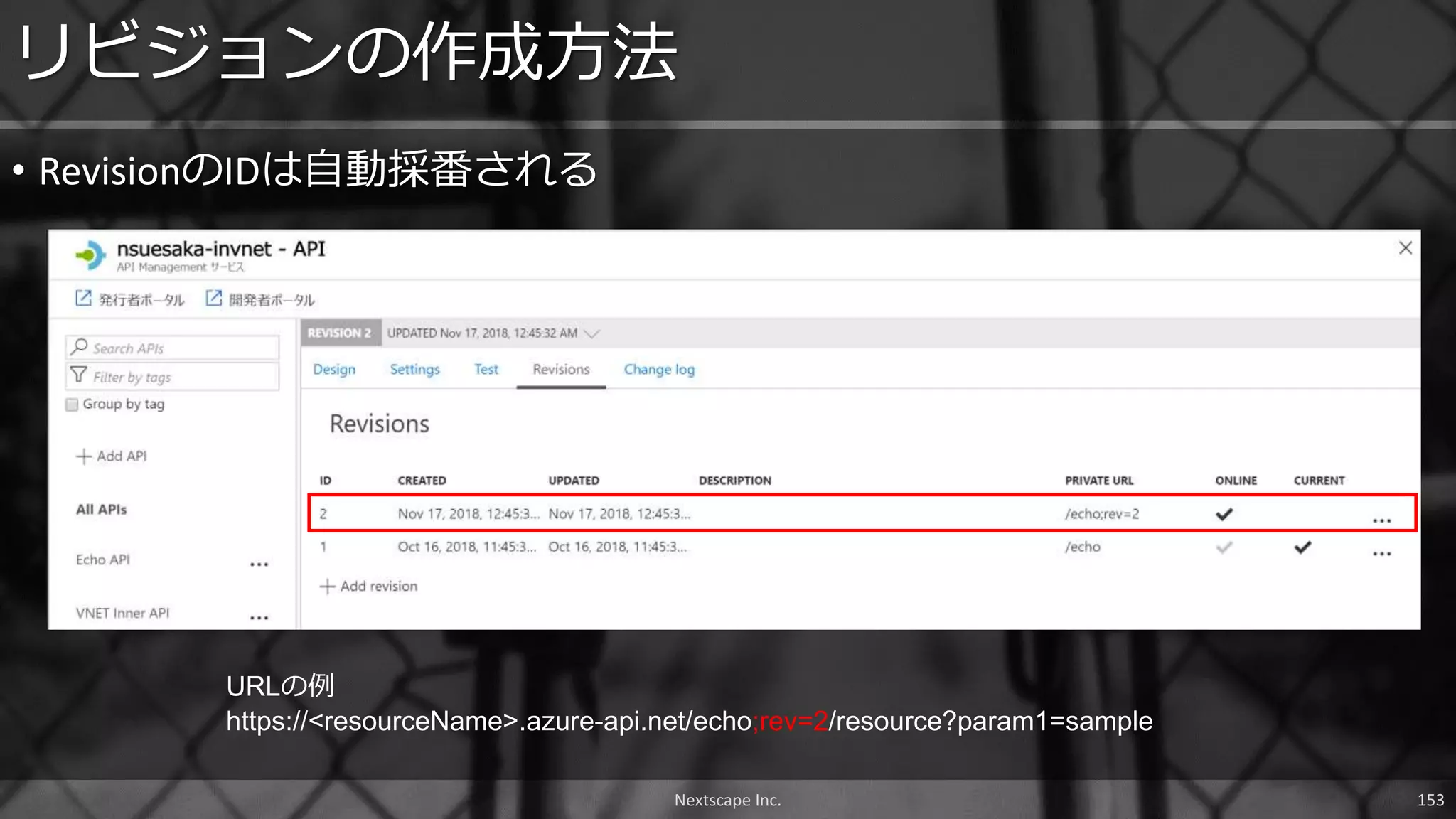 • RevisionのIDは自動採番される
リビジョンの作成方法
URLの例
https://<resourceName>.azure-api.net/echo;rev=2/resource?param1=sample
Nextscape Inc. 153
 