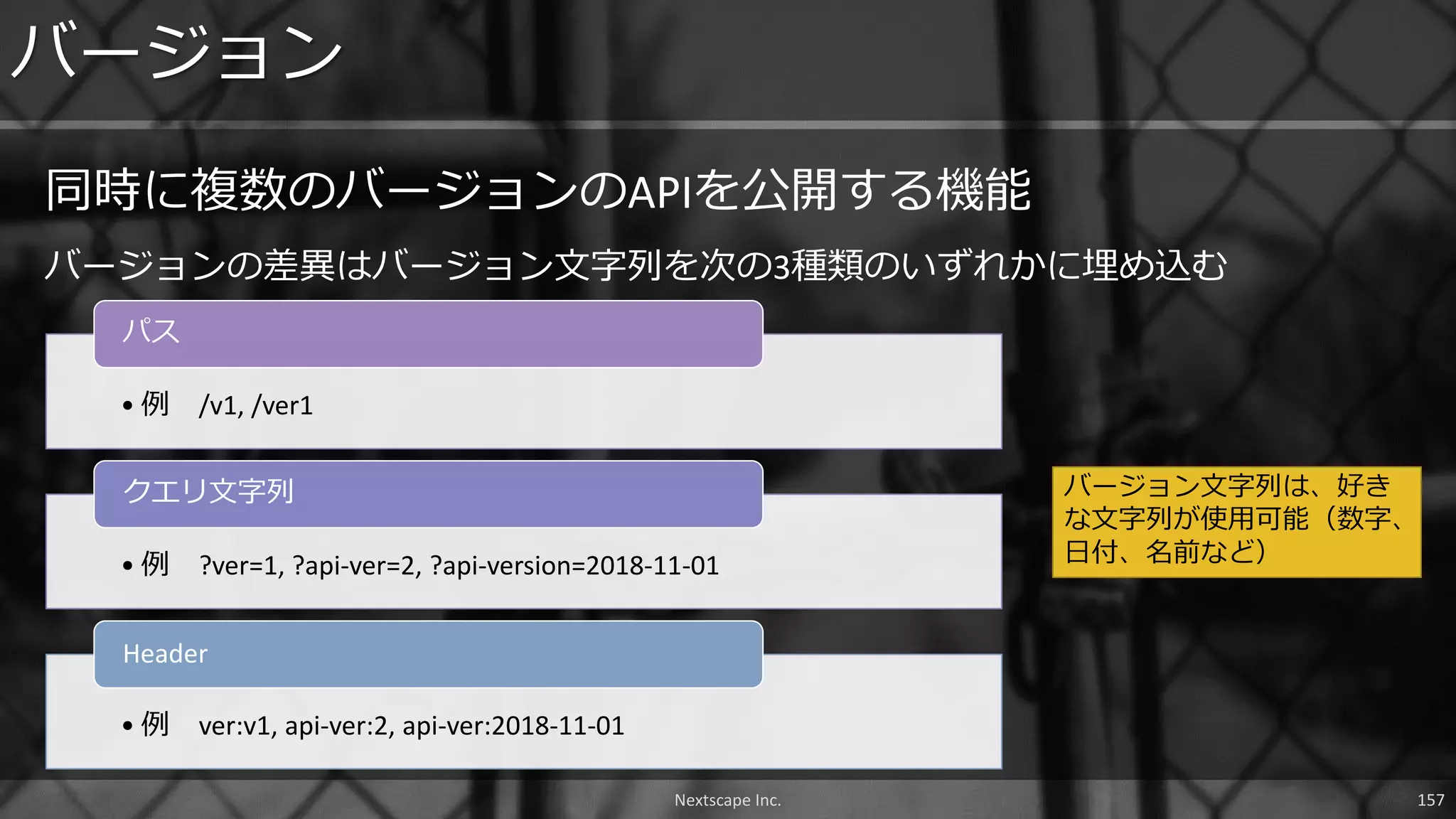 • 例 /v1, /ver1
パス
• 例 ?ver=1, ?api-ver=2, ?api-version=2018-11-01
クエリ文字列
• 例 ver:v1, api-ver:2, api-ver:2018-11-01
Header
バージョン
Nextscape Inc. 157
同時に複数のバージョンのAPIを公開する機能
バージョン文字列は、好き
な文字列が使用可能（数字、
日付、名前など）
バージョンの差異はバージョン文字列を次の3種類のいずれかに埋め込む
 