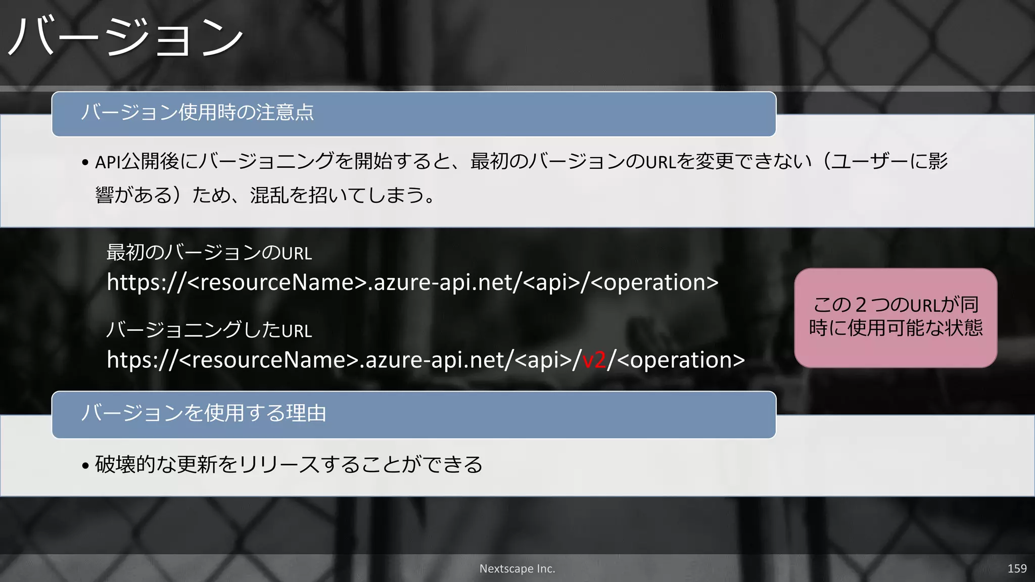 • API公開後にバージョニングを開始すると、最初のバージョンのURLを変更できない（ユーザーに影
響がある）ため、混乱を招いてしまう。
バージョン使用時の注意点
バージョン
Nextscape Inc. 159
最初のバージョンのURL
https://<resourceName>.azure-api.net/<api>/<operation>
バージョニングしたURL
htps://<resourceName>.azure-api.net/<api>/v2/<operation>
• 破壊的な更新をリリースすることができる
バージョンを使用する理由
この２つのURLが同
時に使用可能な状態
 