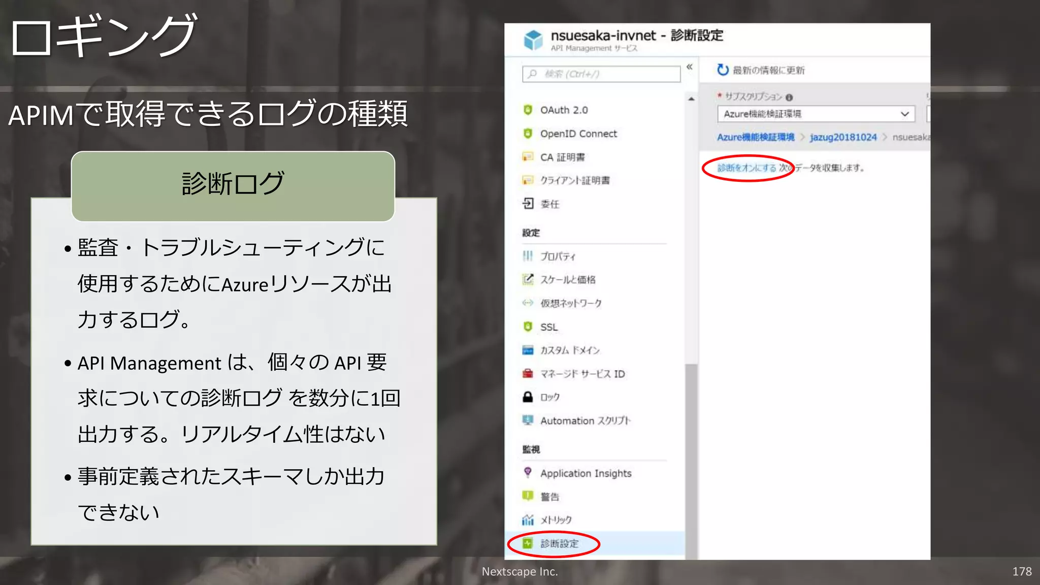• 監査・トラブルシューティングに
使用するためにAzureリソースが出
力するログ。
• API Management は、個々の API 要
求についての診断ログ を数分に1回
出力する。リアルタイム性はない
• 事前定義されたスキーマしか出力
できない
診断ログ
ロギング
APIMで取得できるログの種類
Nextscape Inc. 178
 