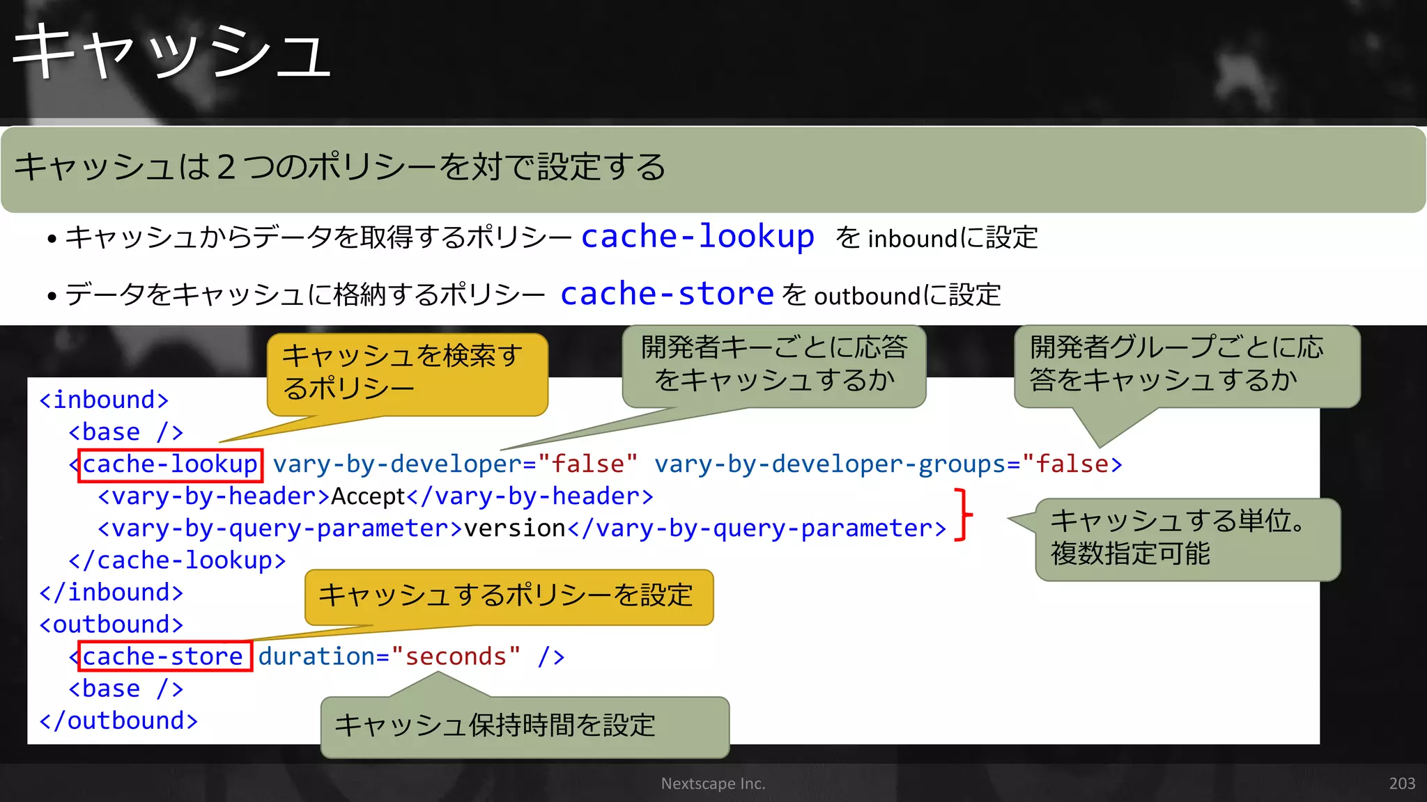 キャッシュは２つのポリシーを対で設定する
• キャッシュからデータを取得するポリシー cache-lookup を inboundに設定
• データをキャッシュに格納するポリシー cache-store を outboundに設定
キャッシュ
Nextscape Inc. 203
<inbound>
<base />
<cache-lookup vary-by-developer="false" vary-by-developer-groups="false>
<vary-by-header>Accept</vary-by-header>
<vary-by-query-parameter>version</vary-by-query-parameter>
</cache-lookup>
</inbound>
<outbound>
<cache-store duration="seconds" />
<base />
</outbound>
開発者キーごとに応答
をキャッシュするか
開発者グループごとに応
答をキャッシュするか
キャッシュするポリシーを設定
キャッシュを検索す
るポリシー
キャッシュ保持時間を設定
キャッシュする単位。
複数指定可能
 