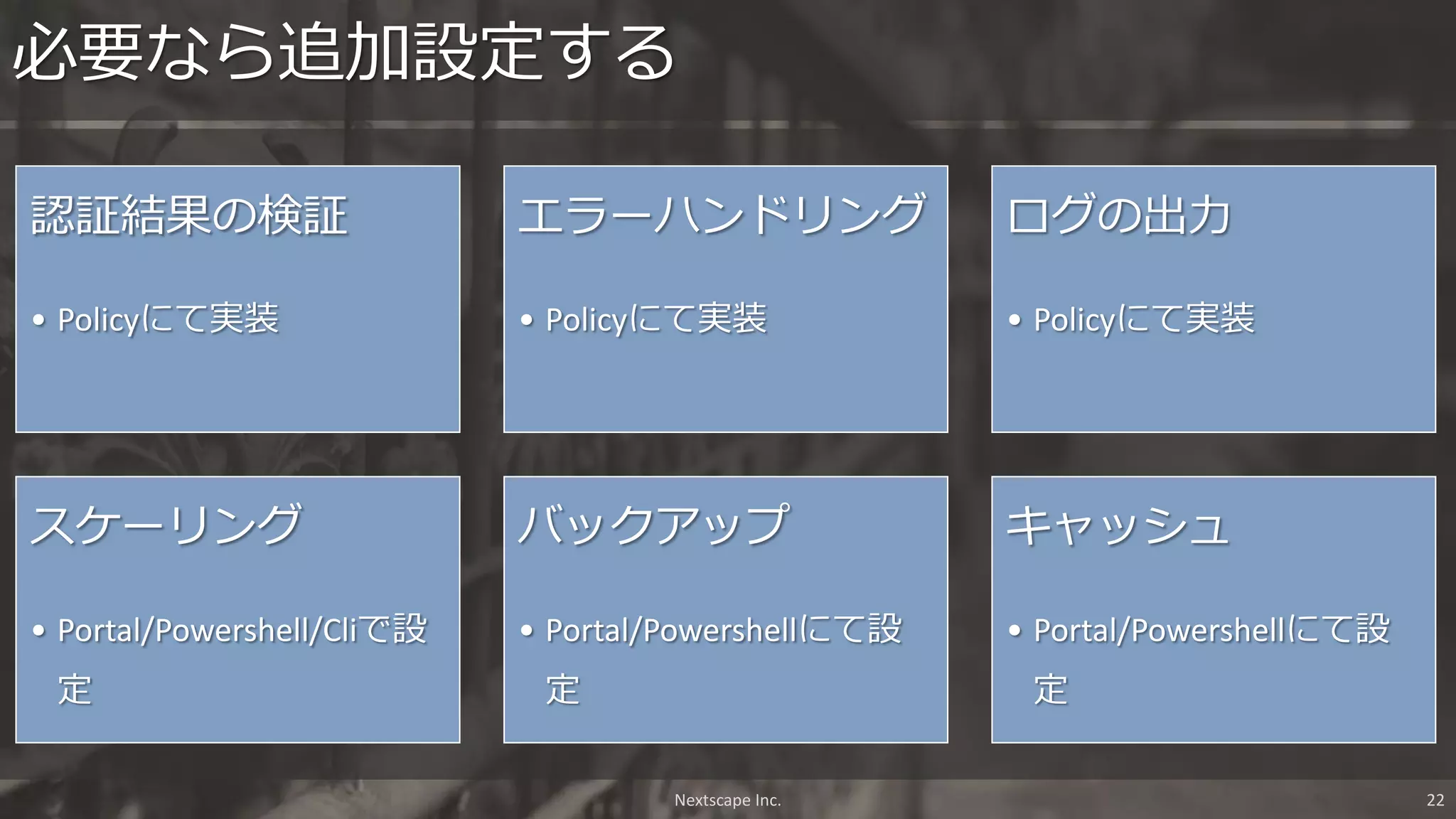 認証結果の検証
• Policyにて実装
エラーハンドリング
• Policyにて実装
ログの出力
• Policyにて実装
スケーリング
• Portal/Powershell/Cliで設
定
バックアップ
• Portal/Powershellにて設
定
キャッシュ
• Portal/Powershellにて設
定
必要なら追加設定する
Nextscape Inc. 22
 