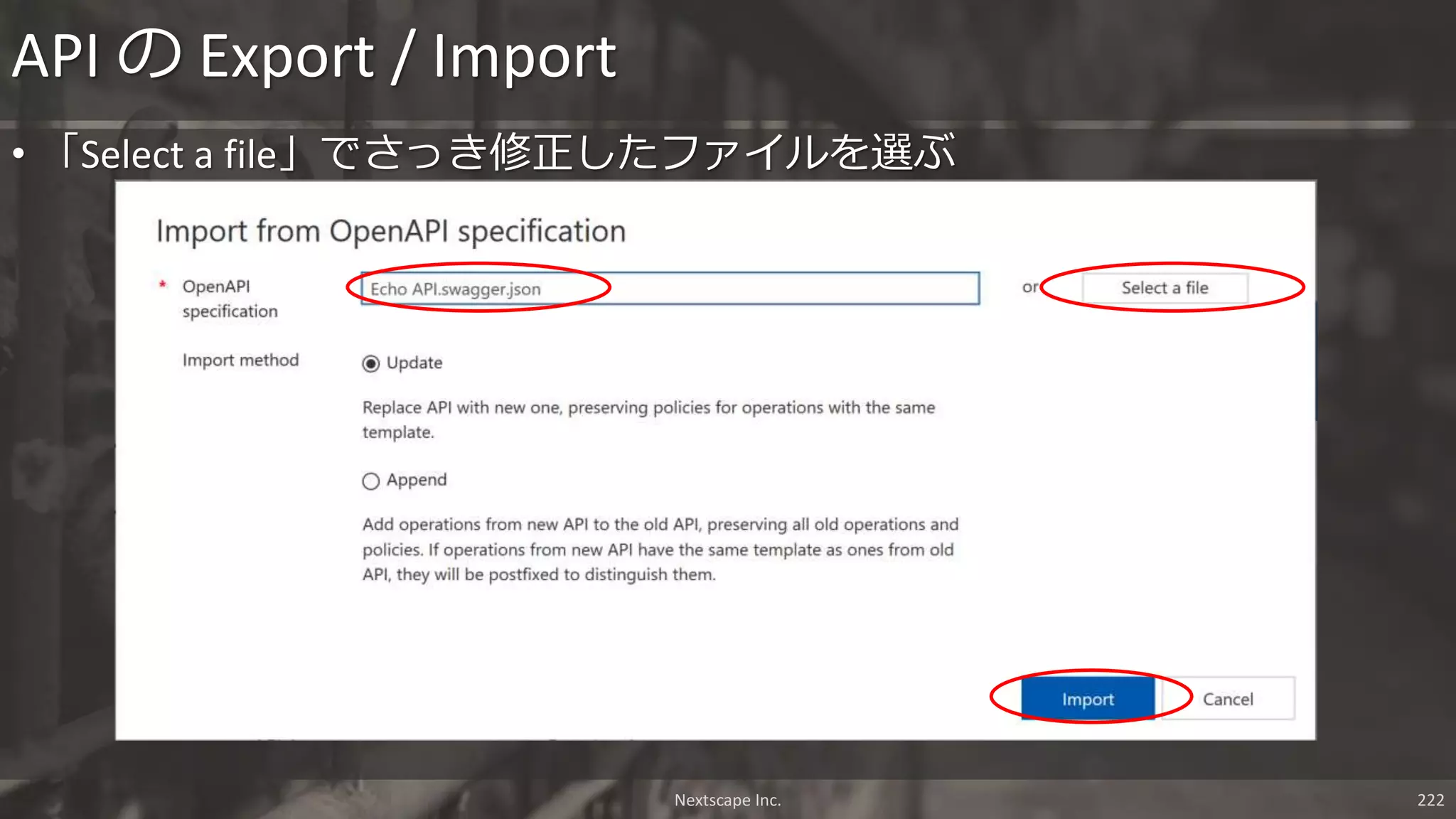 Nextscape Inc. 222
• 「Select a file」でさっき修正したファイルを選ぶ
API の Export / Import
 