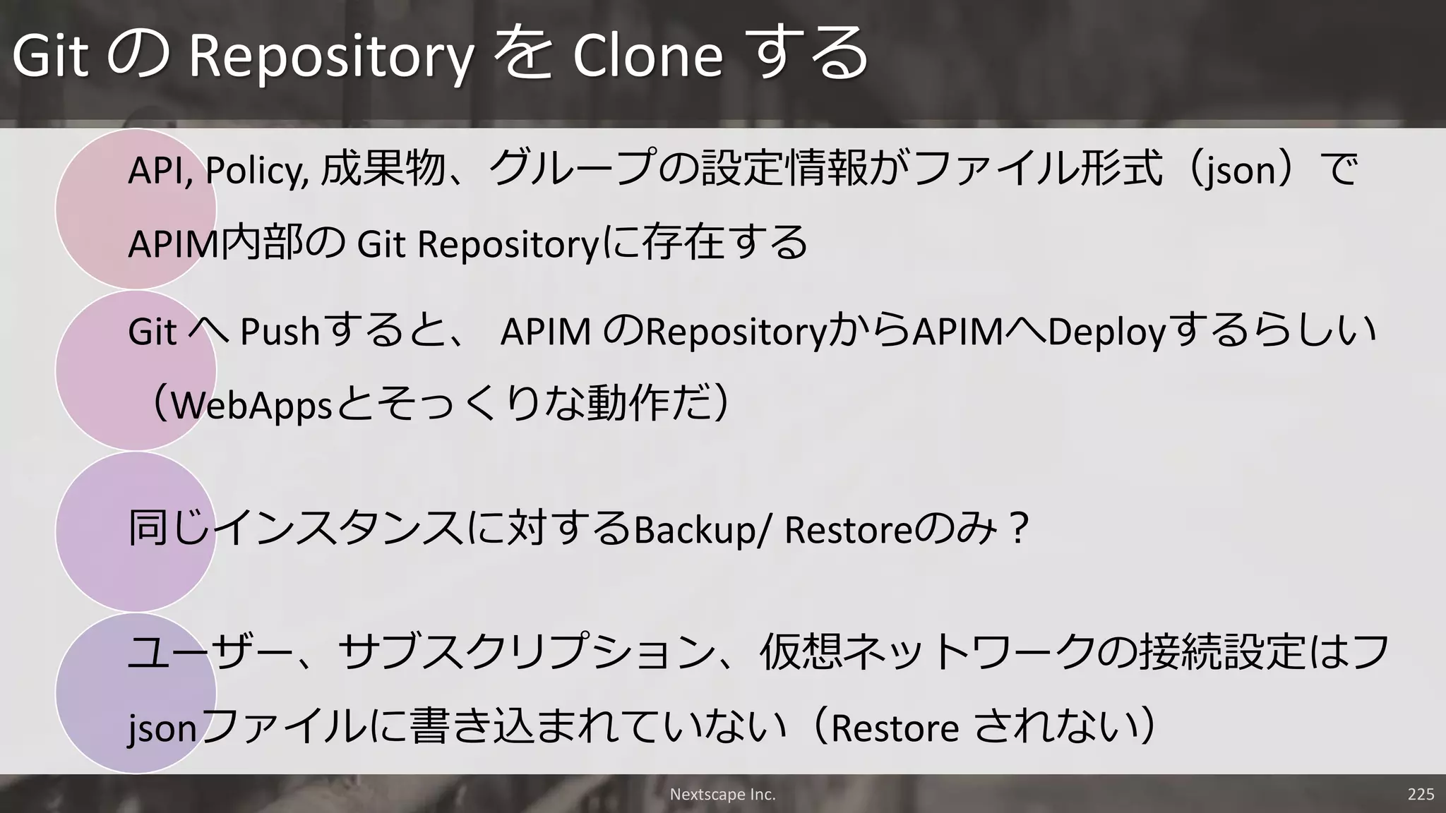 API, Policy, 成果物、グループの設定情報がファイル形式（json）で
APIM内部の Git Repositoryに存在する
Git へ Pushすると、 APIM のRepositoryからAPIMへDeployするらしい
（WebAppsとそっくりな動作だ）
同じインスタンスに対するBackup/ Restoreのみ？
ユーザー、サブスクリプション、仮想ネットワークの接続設定はフ
jsonファイルに書き込まれていない（Restore されない）
Git の Repository を Clone する
Nextscape Inc. 225
 