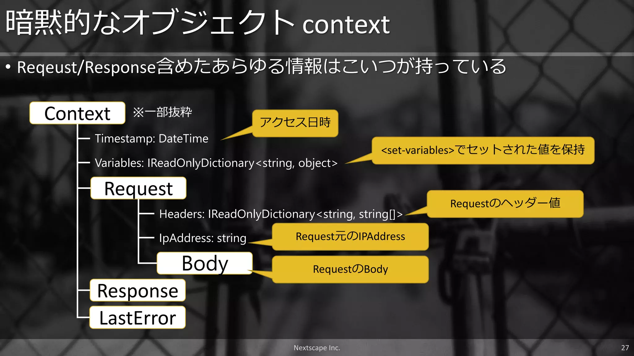 • Reqeust/Response含めたあらゆる情報はこいつが持っている
暗黙的なオブジェクト context
Nextscape Inc. 27
Context
Timestamp: DateTime
Variables: IReadOnlyDictionary<string, object>
Response
Request
LastError
Headers: IReadOnlyDictionary<string, string[]>
IpAddress: string
Body
※一部抜粋
アクセス日時
<set-variables>でセットされた値を保持
Requestのヘッダー値
Request元のIPAddress
RequestのBody
 