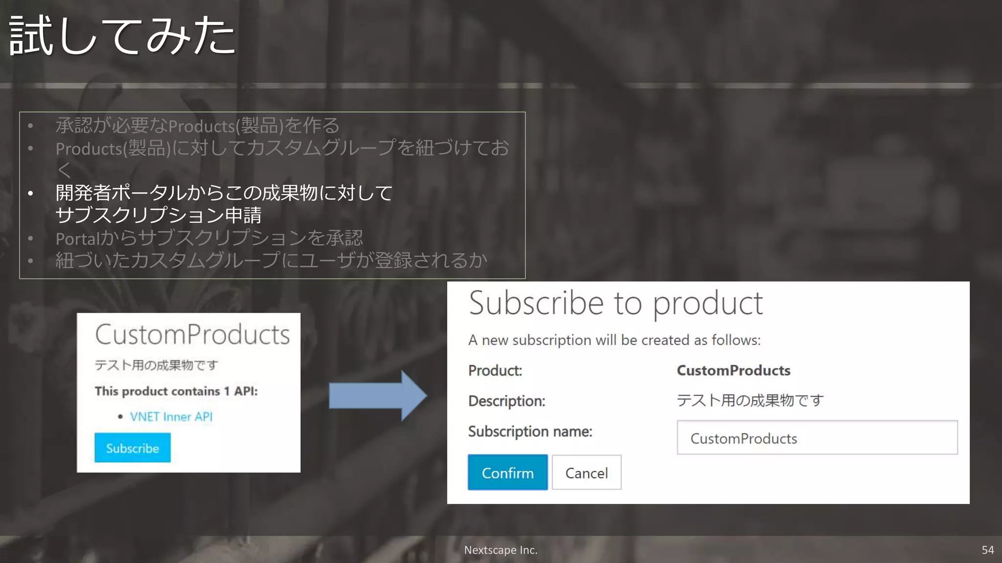 試してみた
Nextscape Inc. 54
• 承認が必要なProducts(製品)を作る
• Products(製品)に対してカスタムグループを紐づけてお
く
• 開発者ポータルからこの成果物に対して
サブスクリプション申請
• Portalからサブスクリプションを承認
• 紐づいたカスタムグループにユーザが登録されるか
 