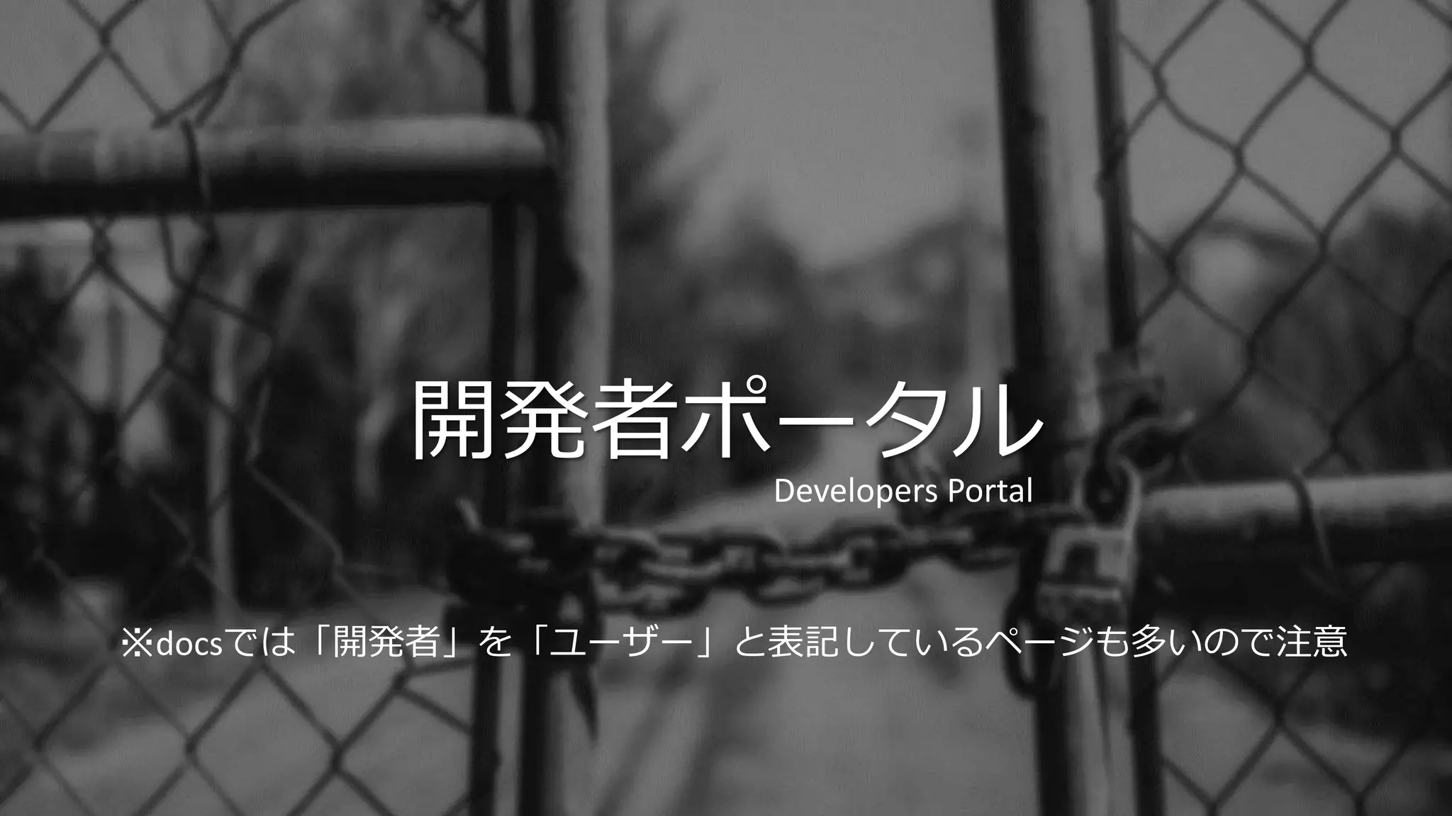 開発者ポータル
Developers Portal
※docsでは「開発者」を「ユーザー」と表記しているページも多いので注意
 