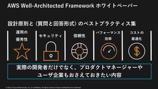 © 2020, Amazon Web Services, Inc. or its Affiliates. All rights reserved. Amazon Confidential and Trademark
AWS Well-Architected Framework ホワイトペーパー
設計原則と (質問と回答形式) のベストプラクティス集
実際の開発者だけでなく、プロダクトマネージャーや
ユーザ企業もおさえておきたい内容
コストの
最適化
セキュリティ 信頼性
パフォーマンス
効率
運⽤の
優秀性
 