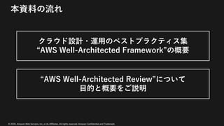 © 2020, Amazon Web Services, Inc. or its Affiliates. All rights reserved. Amazon Confidential and Trademark
本資料の流れ
クラウド設計・運⽤のベストプラクティス集
“AWS Well-Architected Framework”の概要
“AWS Well-Architected Review”について
⽬的と概要をご説明
 