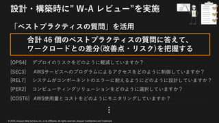 © 2020, Amazon Web Services, Inc. or its Affiliates. All rights reserved. Amazon Confidential and Trademark
設計・構築時に” W-A レビュー”を実施
「ベストプラクティスの質問」を活⽤
[OPS4] デプロイのリスクをどのように軽減していますか？
[SEC3] AWSサービスへのプログラムによるアクセスをどのように制御していますか？
[REL7] システムがコンポーネントのエラーに耐えるようにどのように設計していますか？
[PER2] コンピューティングソリューションをどのように選択していますか？
[COST6] AWS使⽤量とコストをどのようにモニタリングしていますか？
合計 46 個のベストプラクティスの質問に答えて、
ワークロードとの差分(改善点・リスク)を把握する
…
 