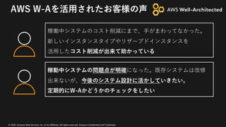 © 2020, Amazon Web Services, Inc. or its Affiliates. All rights reserved. Amazon Confidential and Trademark
AWS W-Aを活⽤されたお客様の声
稼働中システムのコスト削減にまで、⼿がまわってなかった。
新しいインスタンスタイプやリザーブドインスタンスを
活⽤したコスト削減が出来て助かっている
稼動中システムの問題点が明確になった。既存システムは改修
出来ないが、今後のシステム設計に活かしていきたい。
定期的にW-Aかどうかのチェックをしたい
 