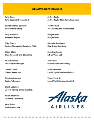 3
WELCOME NEW MEMBERS
Asha Biney
Asha Specialty Events, LLC
Brenda Charles-Edwards
Black Orchid Notary
Perry Watson II
Marysville Toyota
Erika Cherry
Awaken Therapeutic Services, PLLC
Shaun Glaze
Glaze Research and Consulting
Paula Sardinas
FMS Global Strategies
Charles Davis
C Davis Texas bbq
Christina Harrison
Destiny's Designs
Chuck Labertew
Lincoln Towing Enterprises Inc.
Jason Nakamura
1 Alliance Geomatics
Kenn Rivers
GovBusiness NW
Jeffrey Taylor
Jeffrey Taylor State Farm Insurance
Johnnie Hart
Jet Cleaning and Maintenance
Rodger Hicks
Rodger Hicks
Dechelle Henderson
City Group Solutions
Janelle Johnson
Lift Ur Voice LLC
Ahmed Ali
Othello Station Pharmacy
Stacy Stephens
Laced Tight Construction LLC
Teonn Potts Sr.
Laced Tight Construction LLC
 