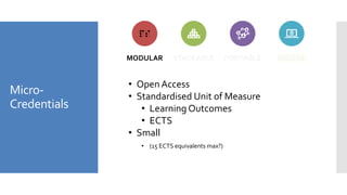 Micro-
Credentials
MODULAR STACKABLE PORTABLE DIGITAL
• Open Access
• Standardised Unit of Measure
• Learning Outcomes
• E...