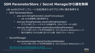 © 2020, Amazon Web Services, Inc. or its Affiliates. All rights reserved.
SSM ParameterStore / Secret Managerから値を取得
cdk synth(CFnテンプレート生成)時またはデプロイ時に値を取得する
• SSM ParameterStore
• aws-ssm.StringParameter.valueFromLookup()
• cdk synth実施時に値を取得する
• aws-ssm.StringParameter.valueForStringParameter()
• デプロイ時にプレーンテキストを取得する（CFnパラメータへ設定）
• aws-ssm.StringParameter.valueForSecureStringParameter()
• デプロイ時にセキュア文字列を取得する（CFn Dynamic Referenceとして）
• 渡せる場所は CFnの仕様に従うので注意（RDSパラメータなど）
• SecretManager
• aws-secretsmanager.Secret.fromSecretAttributes()
• デプロイ時にセキュア文字列を取得する（CFn Dynamic Referenceとして）
https://docs.aws.amazon.com/cdk/latest/guide/get_ssm_value.html
https://docs.aws.amazon.com/cdk/latest/guide/get_secrets_manager_value.html
 