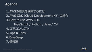 © 2020, Amazon Web Services, Inc. or its Affiliates. All rights reserved.
Agenda
1. AWSの環境を構築するには
2. AWS CDK (Cloud Development Kit) の紹介
3. How to use AWS CDK
TypeScript / Python / Java / C#
4. コアコンセプト
5. Tips & Trics
6. DiveDeep
7. 情報源
 