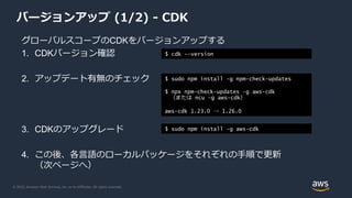 © 2020, Amazon Web Services, Inc. or its Affiliates. All rights reserved.
バージョンアップ (1/2) - CDK
グローバルスコープのCDKをバージョンアップする
1. CDKバージョン確認
2. アップデート有無のチェック
3. CDKのアップグレード
4. この後、各言語のローカルパッケージをそれぞれの手順で更新
（次ページへ）
$ cdk --version
$ sudo npm install -g npm-check-updates
$ npx npm-check-updates -g aws-cdk
（または ncu -g aws-cdk）
aws-cdk 1.23.0 → 1.26.0
$ sudo npm install -g aws-cdk
 