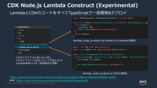 © 2020, Amazon Web Services, Inc. or its Affiliates. All rights reserved.
CDK Node.js Lambda Construct (Experimental)
LambdaとCDKのコードをすべてTypeScriptで一括開発&デプロイ
https://github.com/aws/aws-cdk/tree/master/packages/%40aws-cdk/aws-lambda-nodejs
参考: https://qiita.com/tetsuya-zama/items/600bb0e187e9dead6e68
{スタックファイル名}.ts に対し
{スタックファイル名}.{ハンドラ名}.ts が
Lambda本体となる（別途指定も可能）
lambda_node_js-stack.my-hander.ts (Lambdaの実装)
lambda_node_js-stack.ts (CDKの実装)
 
