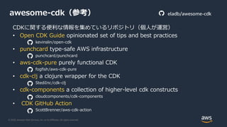 © 2020, Amazon Web Services, Inc. or its Affiliates. All rights reserved.
awesome-cdk（参考）
CDKに関する便利な情報を集めているリポジトリ（個人が運営）
• Open CDK Guide opinionated set of tips and best practices
kevinslin/open-cdk
• punchcard type-safe AWS infrastructure
punchcard/punchcard
• aws-cdk-pure purely functional CDK
fogfish/aws-cdk-pure
• cdk-clj a clojure wrapper for the CDK
StediInc/cdk-clj
• cdk-components a collection of higher-level cdk constructs
cloudcomponents/cdk-components
• CDK GitHub Action
ScottBrenner/aws-cdk-action
eladb/awesome-cdk
 