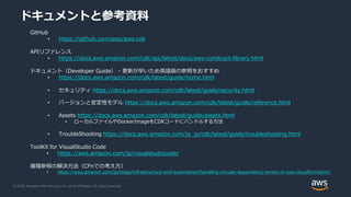 © 2020, Amazon Web Services, Inc. or its Affiliates. All rights reserved.
ドキュメントと参考資料
GitHub
• https://github.com/aws/aws-cdk
APIリファレンス
• https://docs.aws.amazon.com/cdk/api/latest/docs/aws-construct-library.html
ドキュメント（Developer Guide） - 更新が早いため英語版の参照をおすすめ
• https://docs.aws.amazon.com/cdk/latest/guide/home.html
• セキュリティ https://docs.aws.amazon.com/cdk/latest/guide/security.html
• バージョンと安定性モデル https://docs.aws.amazon.com/cdk/latest/guide/reference.html
• Assets https://docs.aws.amazon.com/cdk/latest/guide/assets.html
• ローカルファイルやDockerImageをCDKコードにバンドルする方法
• TroubleShooting https://docs.aws.amazon.com/ja_jp/cdk/latest/guide/troubleshooting.html
ToolKit for VisualStudio Code
• https://aws.amazon.com/jp/visualstudiocode/
循環参照の解決方法（CFnでの考え方）
• https://aws.amazon.com/jp/blogs/infrastructure-and-automation/handling-circular-dependency-errors-in-aws-cloudformation/
 