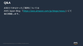 © 2020, Amazon Web Services, Inc. or its Affiliates. All rights reserved.
Q&A
お答えできなかったご質問については
AWS Japan Blog 「https://aws.amazon.com/jp/blogs/news/」にて
後日掲載します。
 