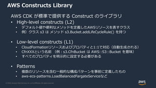 © 2020, Amazon Web Services, Inc. or its Affiliates. All rights reserved.
AWS Constructs Library
AWS CDK が標準で提供する Construct のライブラリ
• High-level constructs (L2)
• デフォルト値や便利なメソッドを定義したAWSリソースを表すクラス
• 例）クラス s3 は メソッド s3.Bucket.addLifeCycleRule() を持つ
• Low-level constructs (L1)
• CloudFormationリソースおよびプロパティと1:1で対応（自動生成される）
• CfnXXXという名前 （例：s3.CfnBucket は AWS::S3::Bucket を意味）
• すべてのプロパティを明示的に設定する必要がある
• Patterns
• 複数のリソースを含む一般的な構成パターンを事前に定義したもの
• aws-ecs-patterns.LoadBalancedFargateServiceなど
 