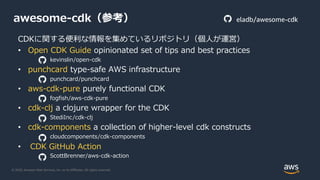© 2020, Amazon Web Services, Inc. or its Affiliates. All rights reserved.
awesome-cdk（参考）
CDKに関する便利な情報を集めているリポジトリ（個人が運営）
•...
