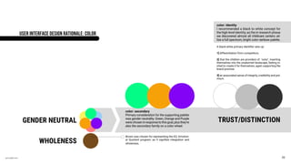 annodell.com
I recommended a black to white concept for
the high-level identity, as the in research phase
we discovered almost all childcare centers uti-
lize a full spectrum, bright color rainbow palette.
A black-white primary identifier sets up:
1] differentiation from competitors.
2] that the children are providers of ‘color’, inserting
themselves into the unadorned landscape, feeling in-
vited to create it for themselves, again supporting the
brand promise.
3] an associated sense of integrity, credibility and pre-
mium.
color: identity
color: secondary
TRUST/DISTINCTIONGENDER NEUTRAL
WHOLENESS
Primary consideration for the supporting palette
was gender neutrality. Green, Orange and Purple
werechoseninresponsetothisgoal,plusthey’re
also the secondary family on a color wheel.
Brown was chosen for representing the EQ: Emotion-
al Quotient program, as it signifies integration and
wholeness.
USER INTERFACE DESIGN RATIONALE: COLOR
20
 