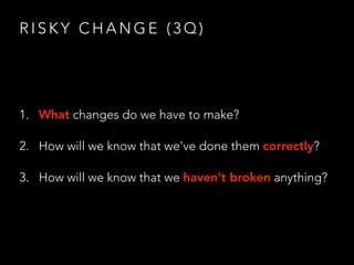 R I S K Y C H A N G E ( 3 Q )
1. What changes do we have to make?
2. How will we know that we’ve done them correctly?
3. How will we know that we haven’t broken anything?
 