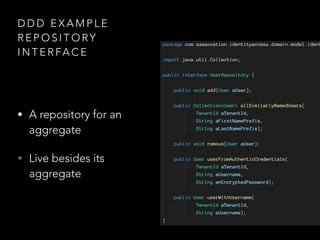 D D D E X A M P L E
R E P O S I T O RY
I N T E R FA C E
• A repository for an
aggregate
• Live besides its
aggregate
 