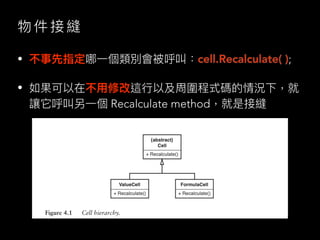 物 件 接 縫
• 不事先指定哪⼀個類別會被呼叫：cell.Recalculate( );
• 如果可以在不⽤修改這⾏以及周圍程式碼的情況下，就
讓它呼叫另⼀個 Recalculate method，就是接縫
 
