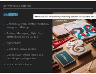 NETWORKING & OUTREACH
BRANDING
▸ LinkedIn, GitHub, Twitter, Facebook,
Instagram, Meetup…
▸ Avatars, Messaging, Style. Each
platform should be unique.
▸ Authenticity.
▸ Listen ﬁrst. Speak second.
▸ Connect with others inside and
outside your perspective.
▸ Not a perfect science.
“Make sure your worst enemy is not living between your own two ears.”
— Laird Hamilton
 