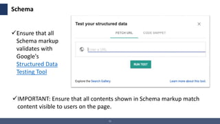 51
Schema
IMPORTANT: Ensure that all contents shown in Schema markup match
content visible to users on the page.
Ensure ...