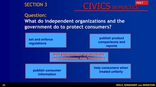 CIVICS IN PRACTICE
HOLT
HOLT, RINEHART AND WINSTON‹#›
Question:
What do independent organizations and the
government do to protect consumers?
SECTION 3
set and enforce
regulations
publish product
comparisons and
reports
help consumers when
treated unfairlypublish consumer
information
How Independent Organizations
and Government Help Consumers
How Independent Organizations
and Government Help Consumers
 