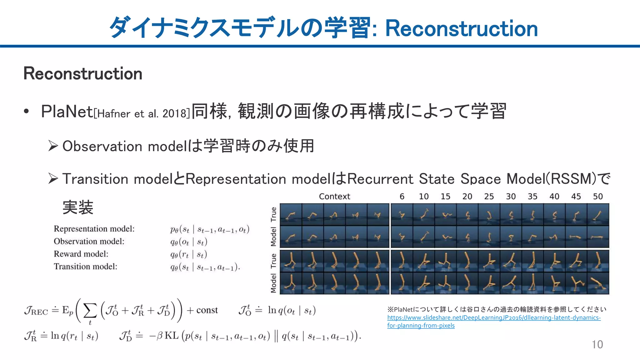 ダイナミクスモデルの学習: Reconstruction
Reconstruction
• PlaNet[Hafner et al. 2018]同様, 観測の画像の再構成によって学習
Observation modelは学習時のみ使用
Transition modelとRepresentation modelはRecurrent State Space Model(RSSM)で
実装
10
※PlaNetについて詳しくは谷口さんの過去の輪読資料を参照してください
https://www.slideshare.net/DeepLearningJP2016/dllearning-latent-dynamics-
for-planning-from-pixels
 