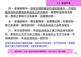 K-19
四、 倉儲過程中，除有合理依據並作成紀錄者外，不得改
變原材料供應商原來設定之貯存條件。需管制溫度或濕度
者，應建立管制方法及基準，並確實記錄。
五、 倉儲過程中，應定期檢查，並確實記錄；有異狀時，
應立即處理，確保原材料、半成品及成品之品質及衛生。
六、 有污染原材料、半成品或成品之虞之物品或包裝材
料，應有防止交叉污染之措施；其未能防止交叉污染者，不
得與原材料、半成品或成品一起貯存。
這裡法規沒有明訂溼度與溫度，但因為不同的原料，有不同的特性，業者應
該自行建立合理的溫溼度，以達到倉儲的目的。
資料來源： GHP ( 食品良好衛生規範準則， 2018-06-21 修正草案 )
9-3 倉儲作業
 