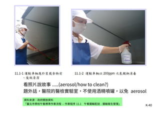 K-40
資料來源：政府開放資料
「臺北市學校午餐標準作業流程 -- 作業程序 11.1 午餐運輸配送 - 運輸衛生管理」
看照片說故事 .....(aerosol/how to clean?)
題外話，醫院的醫檢實驗室，不使用酒精噴罐，以免 aerosol
 
