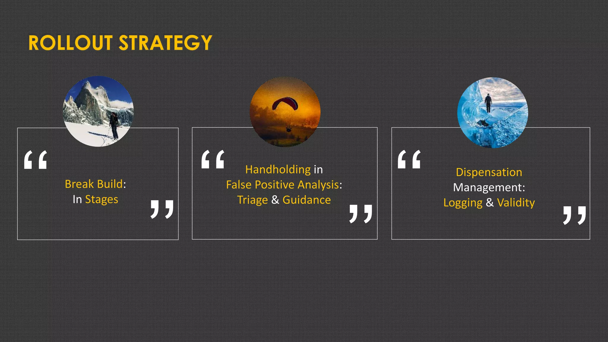 ROLLOUT STRATEGY
Break Build:
In Stages‘‘
’’
Handholding in
False Positive Analysis:
Triage & Guidance‘‘
’’
Dispensation
Management:
Logging & Validity‘‘
’’
 