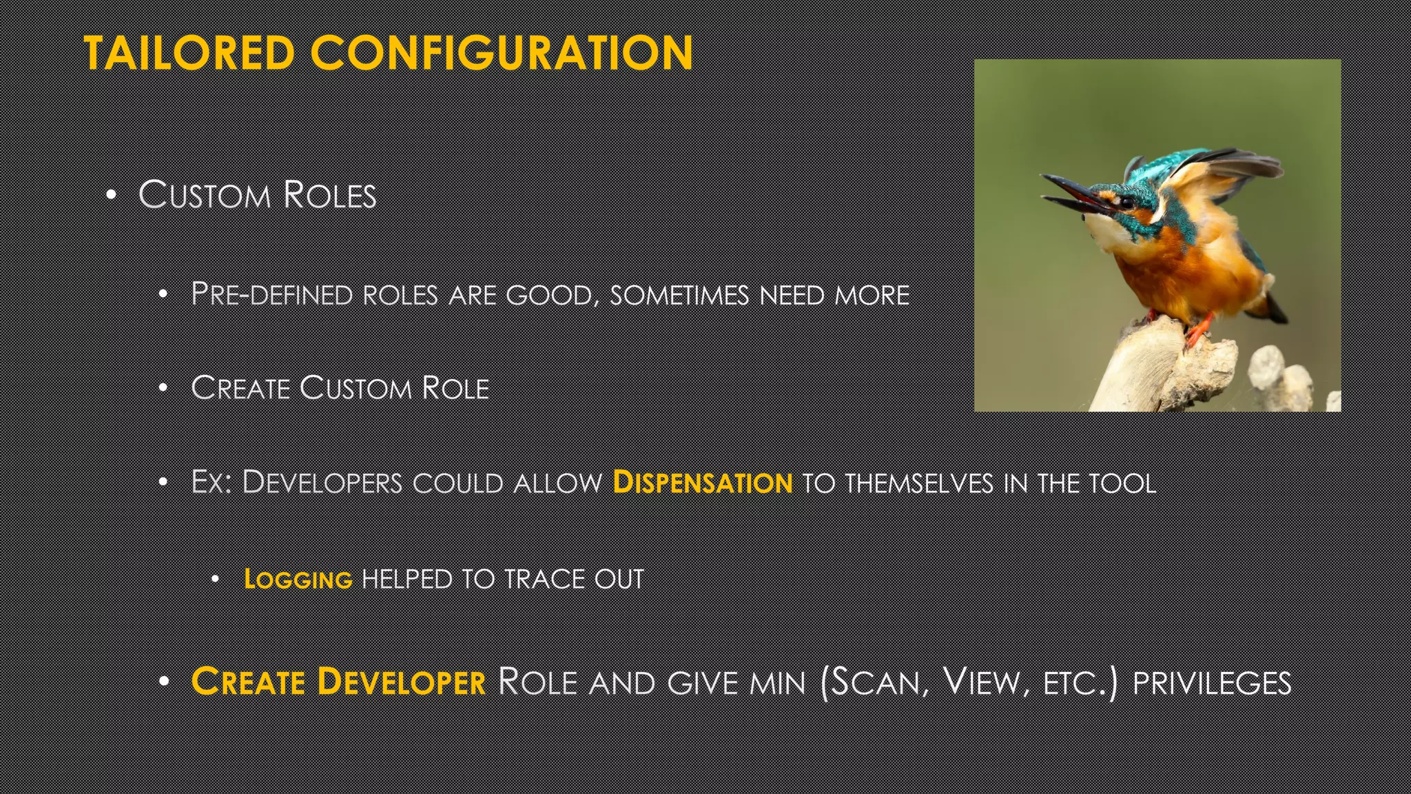 TAILORED CONFIGURATION
•
•
•
• DISPENSATION
• LOGGING
• CREATE DEVELOPER
 