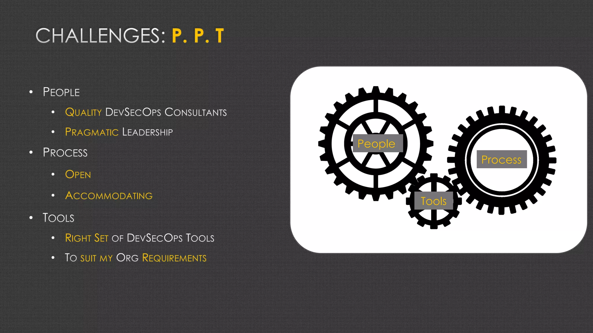 P. P. T
•
• QUALITY
• PRAGMATIC
•
• OPEN
• ACCOMMODATING
•
• RIGHT SET
• SUIT MY REQUIREMENTS
People
Tools
Process
 