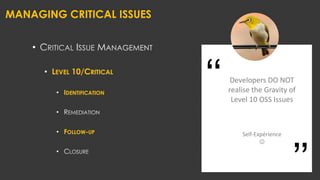 MANAGING CRITICAL ISSUES
•
• LEVEL 10/CRITICAL
• IDENTIFICATION
•
• FOLLOW-UP
•
Developers DO NOT
realise the Gravity of
Level 10 OSS Issues
Self-Expérience
J
‘‘
’’
 