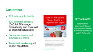 Customers
• B2B sales cycle double
• B2C demand collapse
(CAC & LTV change
dramatically and there will
be channel saturation)
• Consumer basics and
‘new basics’ thrive
• Tone-deaf marketing will
impact reputation
KEY TAKEAWAY:
Rapidly build
community-based
engagement via non
Facebook assets eg
Mighty Networks
16Received 14 March 2020
 