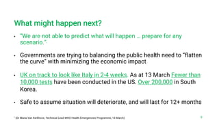 • “We are not able to predict what will happen … prepare for any
scenario.”1
• Governments are trying to balancing the public health need to “flatten
the curve” with minimizing the economic impact
• UK on track to look like Italy in 2-4 weeks. As at 13 March Fewer than
10,000 tests have been conducted in the US. Over 200,000 in South
Korea.
• Safe to assume situation will deteriorate, and will last for 12+ months
What might happen next?
1
(Dr Maria Van Kerkhove, Technical Lead WHO Health Emergencies Programme, 13 March) 9
 