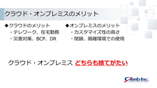 クラウド・オンプレミスのメリット
クラウドのメリット
・テレワーク、在宅勤務
・災害対策、BCP、DR
オンプレミスのメリット
・カスタマイズ性の高さ
・閉鎖、隔離環境での使用
クラウド・オンプレミス どちらも捨てがたい
 
