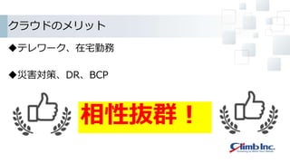クラウドのメリット
テレワーク、在宅勤務
災害対策、DR、BCP
相性抜群！
 