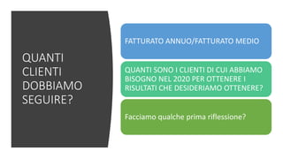 QUANTI
CLIENTI
DOBBIAMO
SEGUIRE?
FATTURATO ANNUO/FATTURATO MEDIO
QUANTI SONO I CLIENTI DI CUI ABBIAMO
BISOGNO NEL 2020 PER OTTENERE I
RISULTATI CHE DESIDERIAMO OTTENERE?
Facciamo qualche prima riflessione?
 