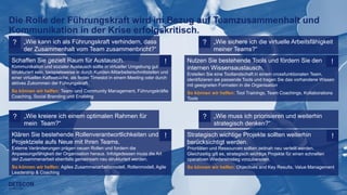 5
Die Rolle der Führungskraft wird im Bezug auf Teamzusammenhalt und
Kommunikation in der Krise erfolgskritisch.
Schaffen Sie gezielt Raum für Austausch.
Kommunikation und sozialer Austausch sollte in virtueller Umgebung gut
strukturiert sein, beispielsweise in durch Kunden-Mitarbeiterschnittstellen und
einer virtuellen Kaffeeküche, als fester Timeslot in einem Meeting oder durch
aktives Zukommen der Führungskraft.
So können wir helfen: Team- und Community Management, Führungskräfte
Coaching, Social Branding und Enabling
!
? „Wie kann ich als Führungskraft verhindern, dass
der Zusammenhalt vom Team zusammenbricht?“
? „Wie kreiere ich einem optimalen Rahmen für
mein Team?“
Klären Sie bestehende Rollenverantwortlichkeiten und
Projektziele aufs Neue mit Ihren Teams.
Externe Veränderungen prägen neuen Rollen und fordern die
Anpassungsfähigkeit der Organisation heraus. Infolgedessen muss die Art
der Zusammenarbeit ebenfalls gemeinsam neu strukturiert werden.
So können wir helfen: Agiles Zusammenarbeitsmodell, Rollenmodell, Agile
Leadership & Coaching
!
? „Wie sichere ich die virtuelle Arbeitsfähigkeit
meiner Teams?“
? „Wie muss ich priorisieren und weiterhin
strategisch denken?“
Nutzen Sie bestehende Tools und fördern Sie den
internen Wissensaustausch.
Erstellen Sie eine Toollandschaft in einem crossfunktionalen Team,
identifizieren sie passende Tools und tragen Sie das vorhandene Wissen
mit geeigneten Formaten in die Organisation.
So können wir helfen: Tool Trainings, Team Coachings, Kollaborations
Tools
!
Strategisch wichtige Projekte sollten weiterhin
berücksichtigt werden.
Prioritäten und Ressourcen sollten zeitnah neu verteilt werden.
Gleichzeitig gilt es, strategisch wichtige Projekte für einen schnellen
operativen Wiedereinstieg vorzubereiten.
So können wir helfen: Objectives and Key Results, Value Management
!
 